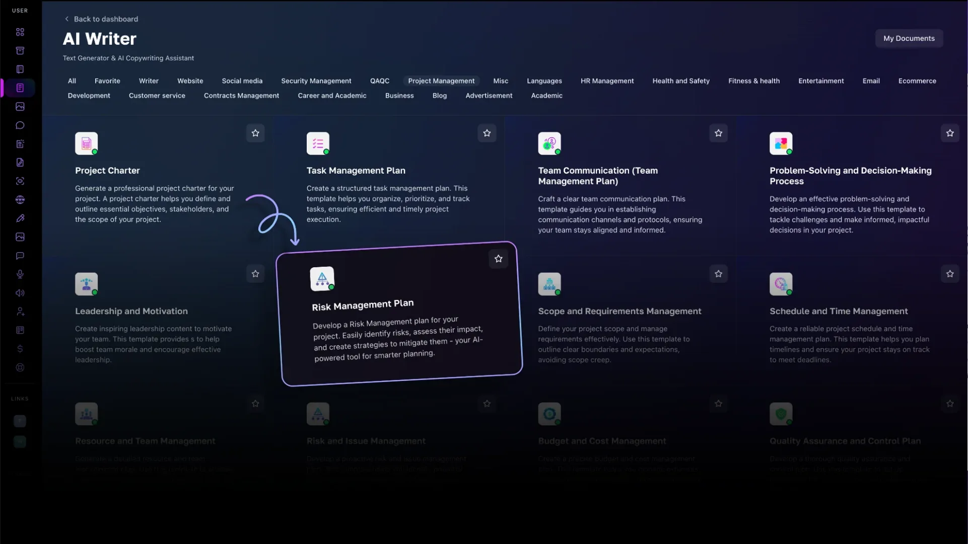Writegenic AI dashboard showing 135+ project management document templates